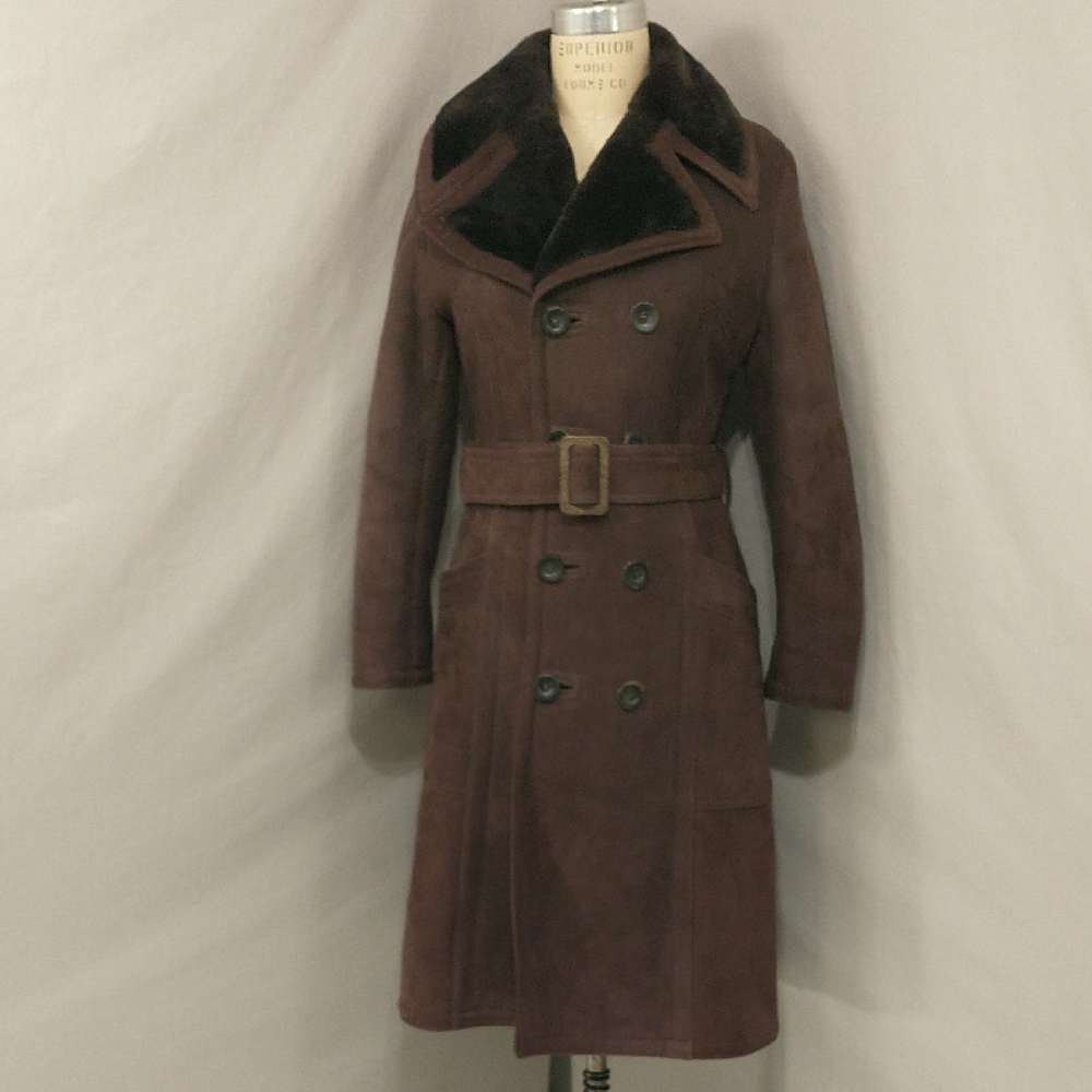 Shearling Trench Coat Mauve Leather Dark Brown Fur Sawyer Spring Lamb CA USA 36